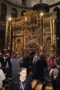 Pilgrims in front of The  Edicule in The Church of the Holy Sepulchre, Christ`s tomb, in the Old City of Jerusalem, Israel Royalty Free Stock Photo